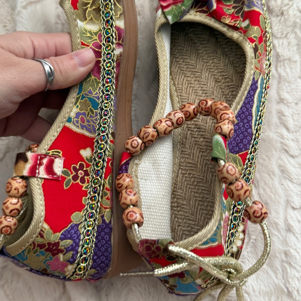 Womens 10 Floral India Inspired Beaded Cord Detail Slip On Comfort Ballet Flats - Picture 7 of 10